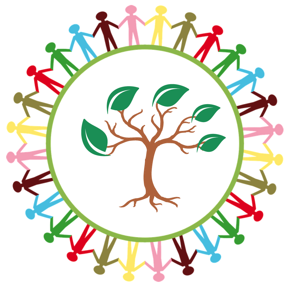Graphic of circle of people holding hands and a tree in the center